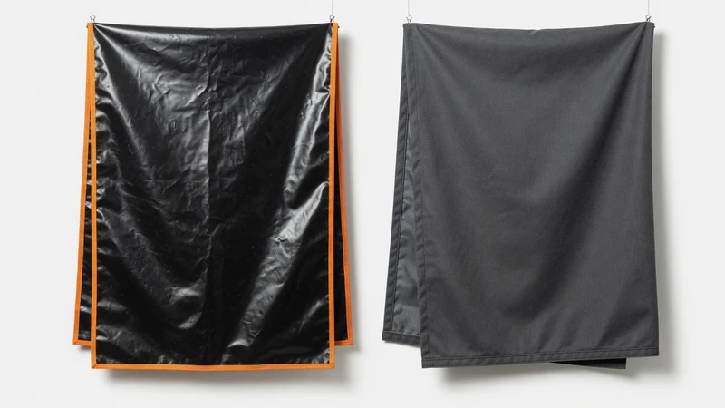 Outdoor PVC-coated forklift truck cover beside an indoor 600D Oxford forklift cover for material comparison