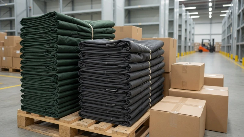 Finished gas bottle covers staged for bulk packaging